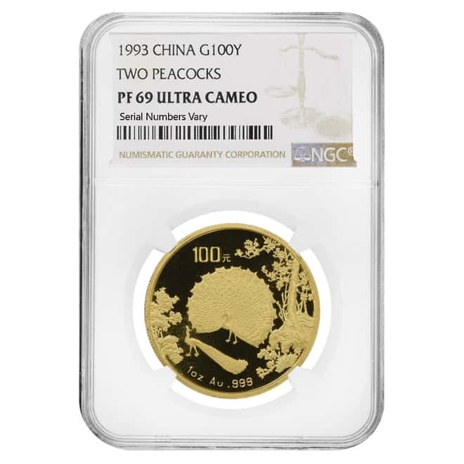 1993 1 oz Chinese Proof Gold Two Peacocks 100 Yuan Coin NGC PF 69 UCAM