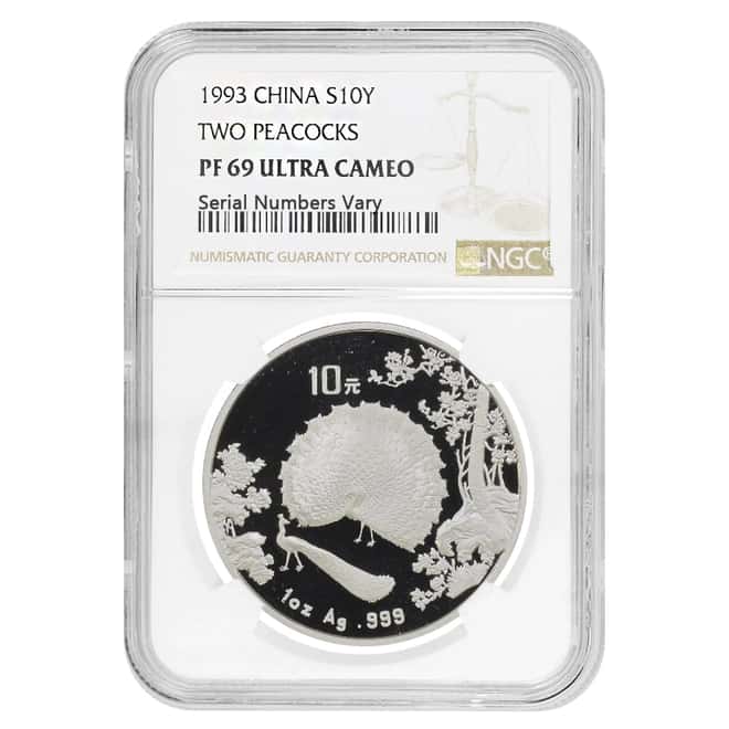 1993 1 oz Chinese Proof Silver Two Peacocks 10 Yuan Coin NGC PF 69 UCAM