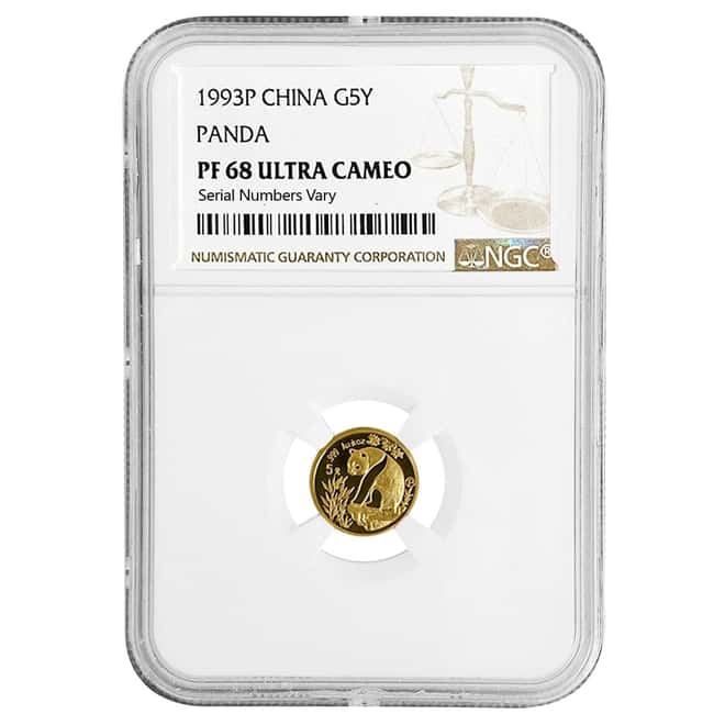 1993 P 1/20 oz Chinese Proof Gold Panda 5 Yuan NGC PF 68 UCAM