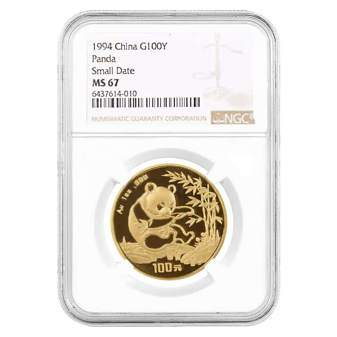 1994 1 oz Chinese Gold Panda 100 Yuan Small Date NGC MS 67