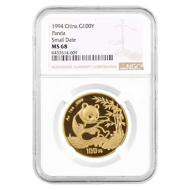 1994 1 oz Chinese Gold Panda 100 Yuan Small Date NGC MS 68
