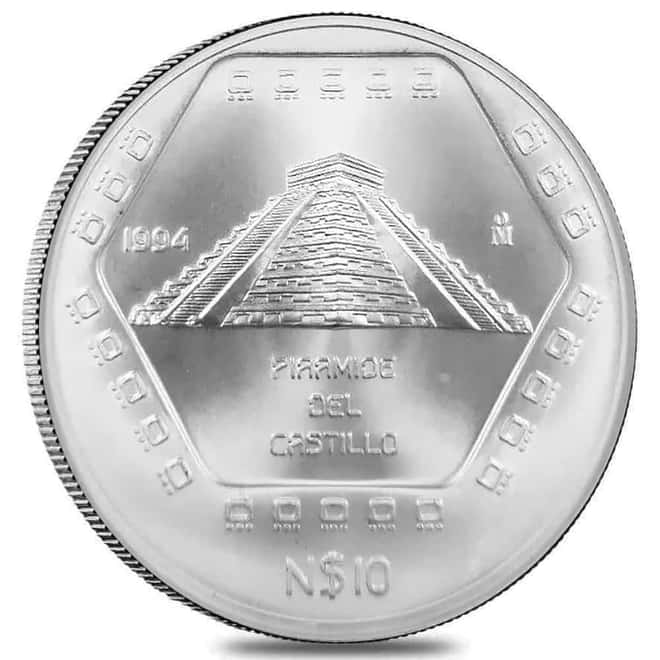 1994 5 oz Mexican Silver Piramide Del Castillo Coin BU