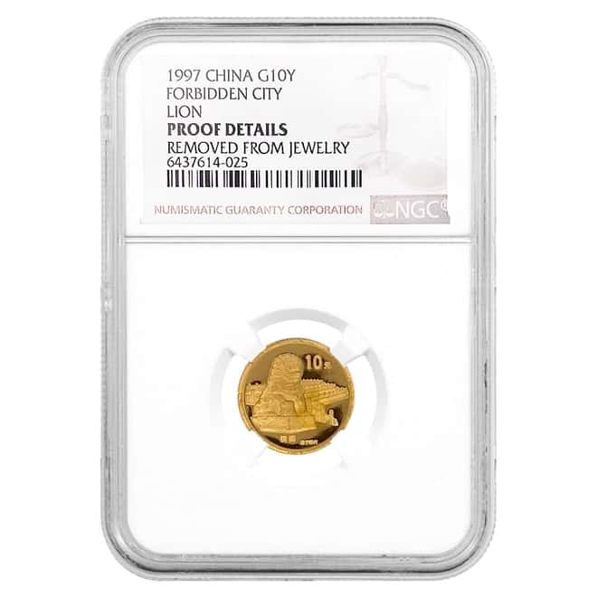 1997 1/10 oz Gold Chinese Forbidden City Lion 10 Yuan Coin NGC PF Details