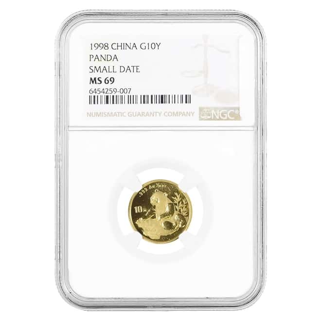 1998 1/10 oz Chinese Gold Panda 10 Yuan Small Date NGC MS 69