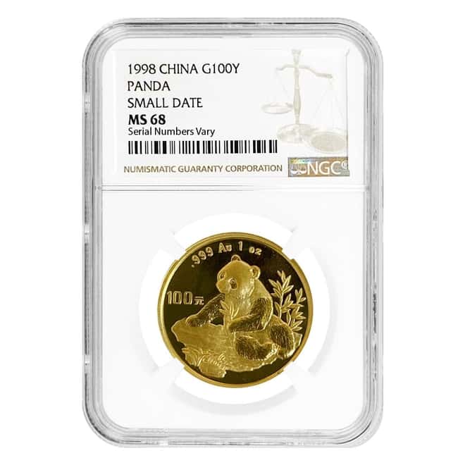 1998 1 oz Chinese Gold Panda 100 Yuan Small Date NGC MS 68