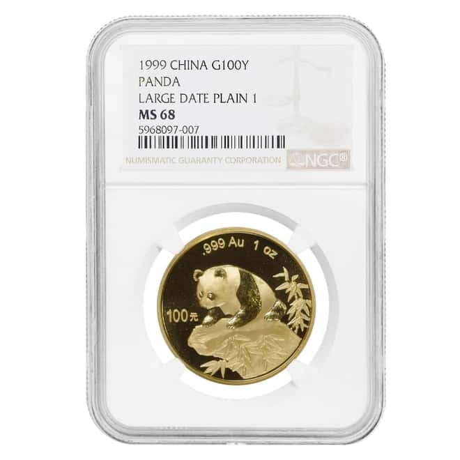 1999 1 oz Chinese Gold Panda 100 Yuan Large Date Plain 1 NGC MS 68