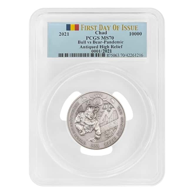 2021 Chad 2 oz Silver Bull vs Bear Pandemic Serial #1 PCGS MS 70 FDOI Antiqued High Relief