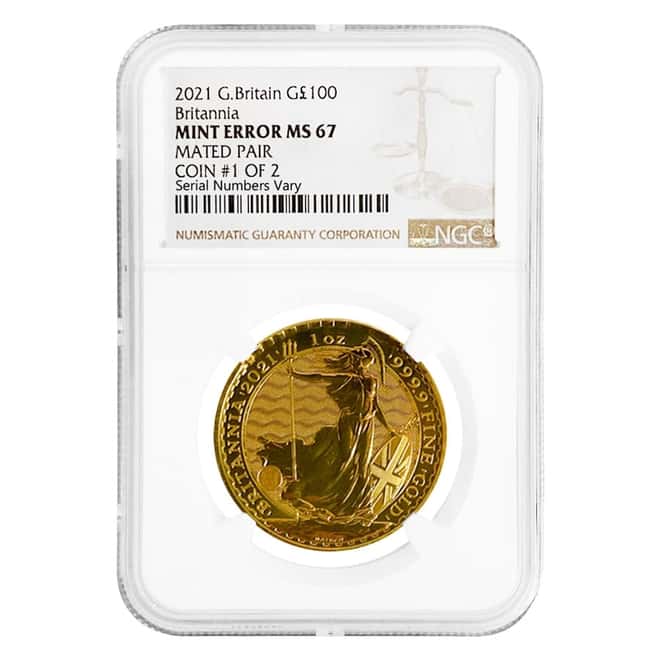 2021 Great Britain 1 oz Gold Britannia Coin NGC MS 67 Mint Error (Mated Pair)