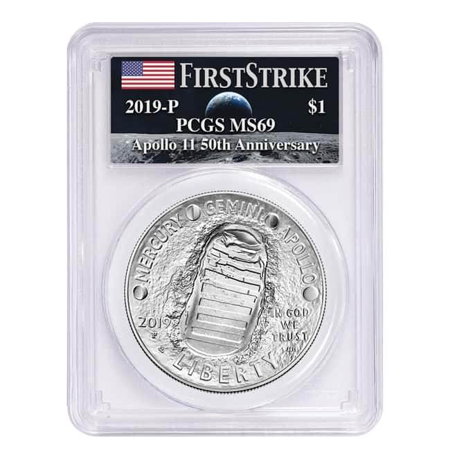 2019 P Apollo 11 50th Anniversary Silver Dollar Comm. PCGS MS 69 FS (Moon Labe