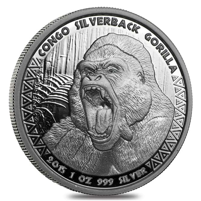 2015 1 oz Silver Congo Silverback Gorilla Coin .999 Fine Prooflike In Cap