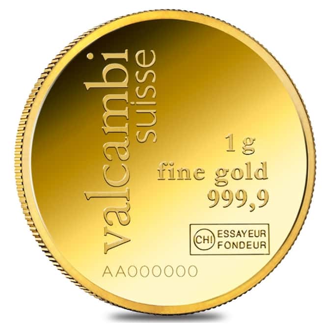 1 gram Gold Round Valcambi Suisse .9999 Fine (In Assay)