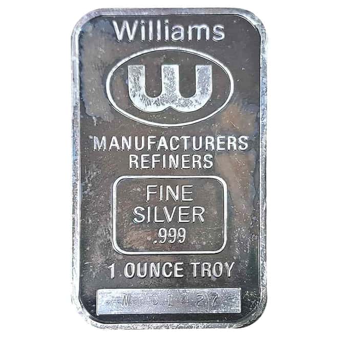 1 oz Williams Manufacturers Refiners Silver Bar .999 Fine
