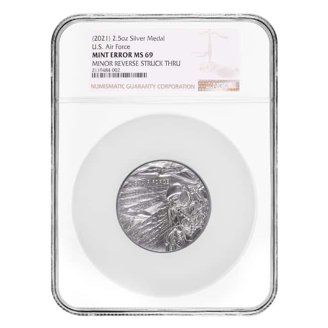 2.5 oz US Air Force Silver Medal NGC MS 69 Mint Error (Rev Struck Thru)