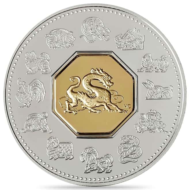 2000 Canada 1 oz Gilded Lunar Year of the Dragon Silver Coin