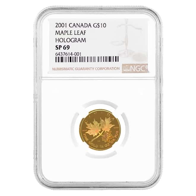 2001 1/4 oz Canadian Gold Maple Leaf $10 Coin Hologram NGC SP 69