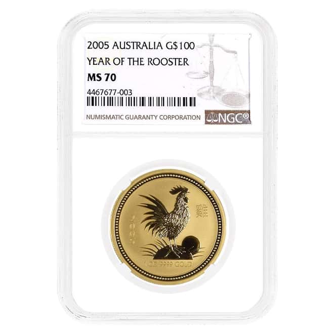 2005 1 oz Gold Lunar Rooster Australian Perth Mint NGC MS 70