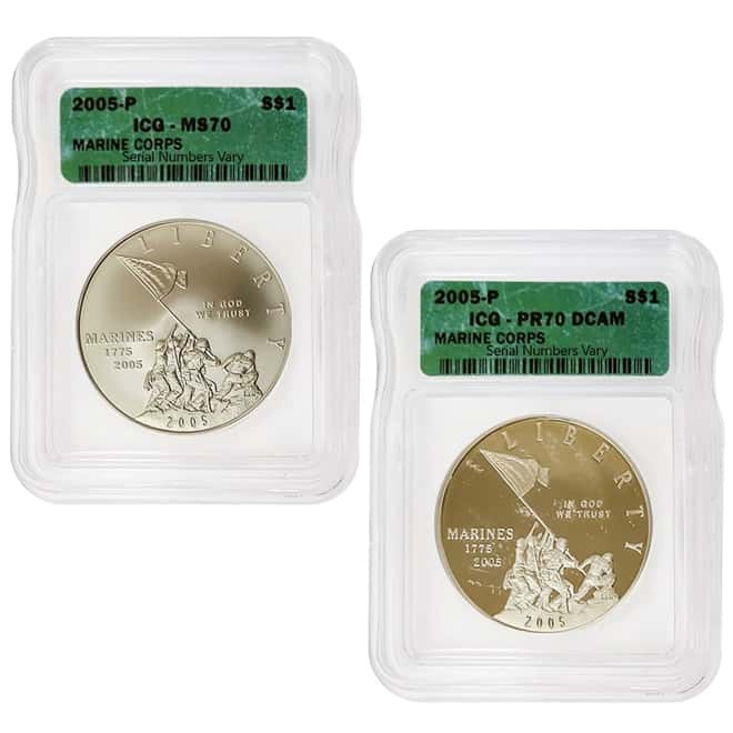 2005 P Marine Corp $1 Silver Dollar Commemorative 2-Coin Set ICG MS/PF 70