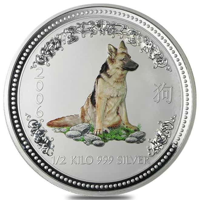 2006 1/2 Kilo Colorized Silver Lunar Dog BU Perth Mint (in Cap)