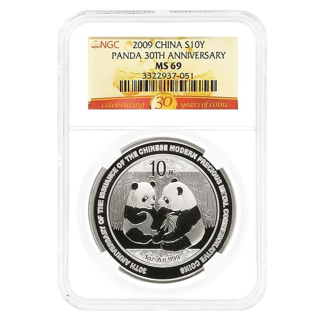 2009 1 oz Chinese Silver Panda 10 Yuan 30th Ann. NGC MS 69