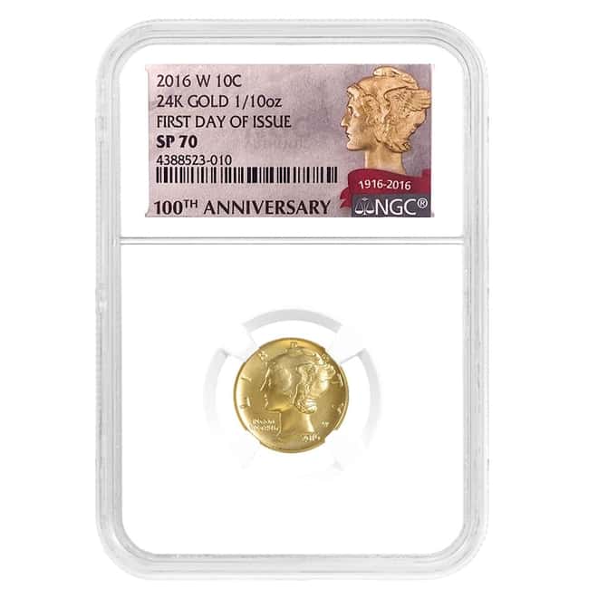 2016 1/10 oz Mercury Dime Centennial Gold Coin NGC SP 70 FDOI 100th Ann