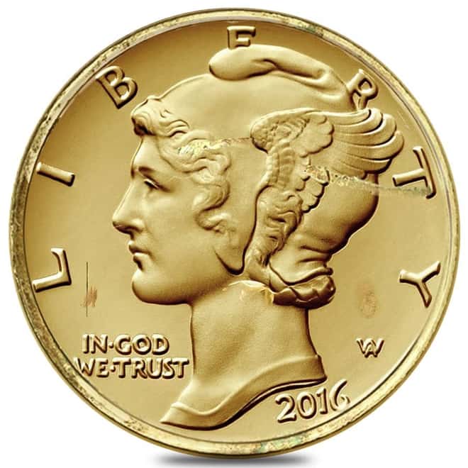 2016-W 1/10 oz Mercury Dime Centennial Gold Coin (Scruffy)