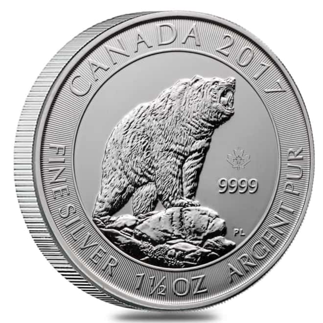Roll of 15 - 2017 1.5 oz Silver Canadian Grizzly Bear $8 Coin .9999 Fine BU