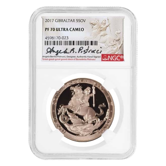 2017 Gibraltar Proof Gold Quintuple Sovereign NGC PF 70 UCAM (Pistrucci Sign Label)