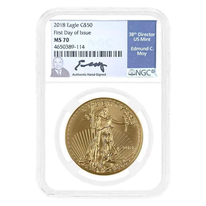 2018 1 oz $50 Gold American Eagle NGC MS 70 FDOI (Moy)