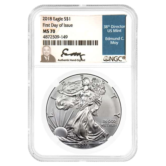 2018 1 oz Silver American Eagle NGC MS 70 FDOI (Moy)