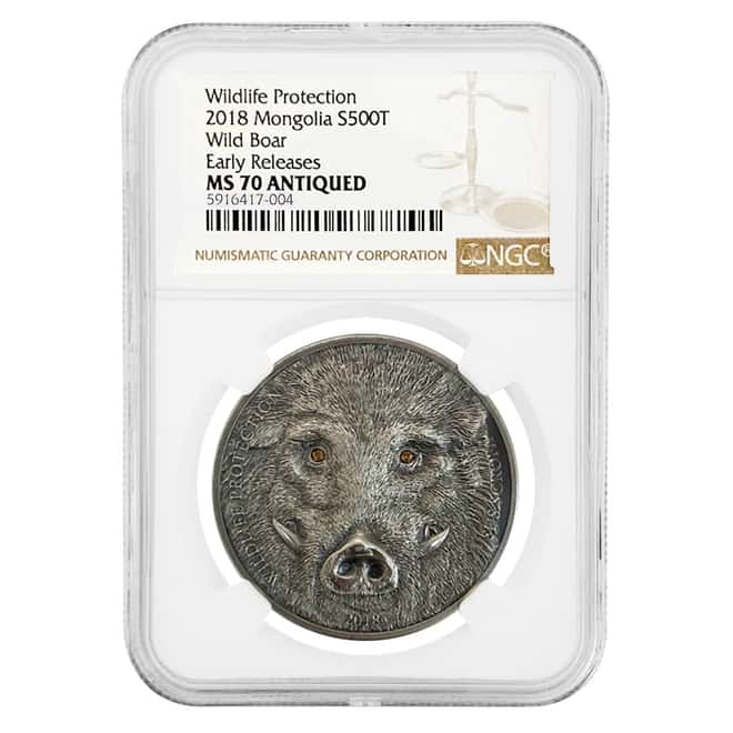 2018 Mongolia 1 oz Silver Wild Boar - Wildlife Protection Antiqued Coin NGC MS 70