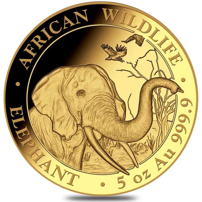 2018 Somalia 5 oz Proof Gold African Elephant 1500 Shillings In Cap