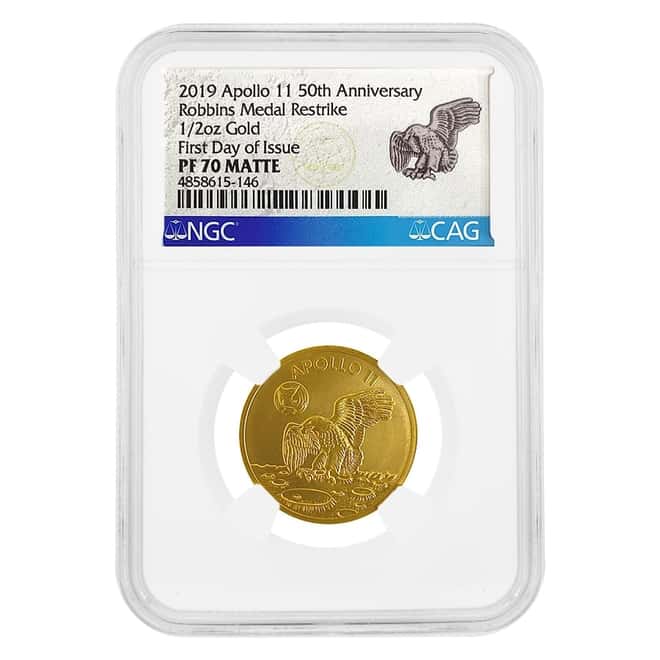 2019 1/2 oz Gold Apollo 11 50th Anni Robbins Medal Restrike NGC PF 70 Matte FDOI (w/Box & COA)