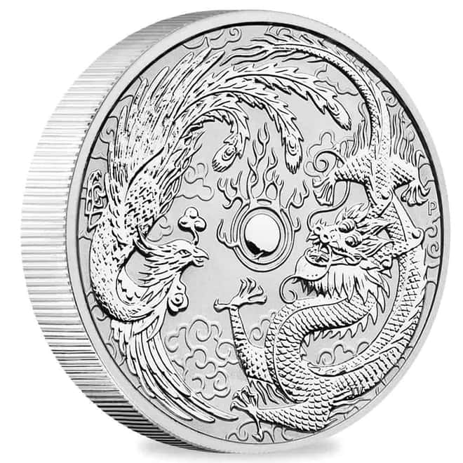 2019 10 oz Dragon & Phoenix Silver Coin BU Perth Mint In Cap
