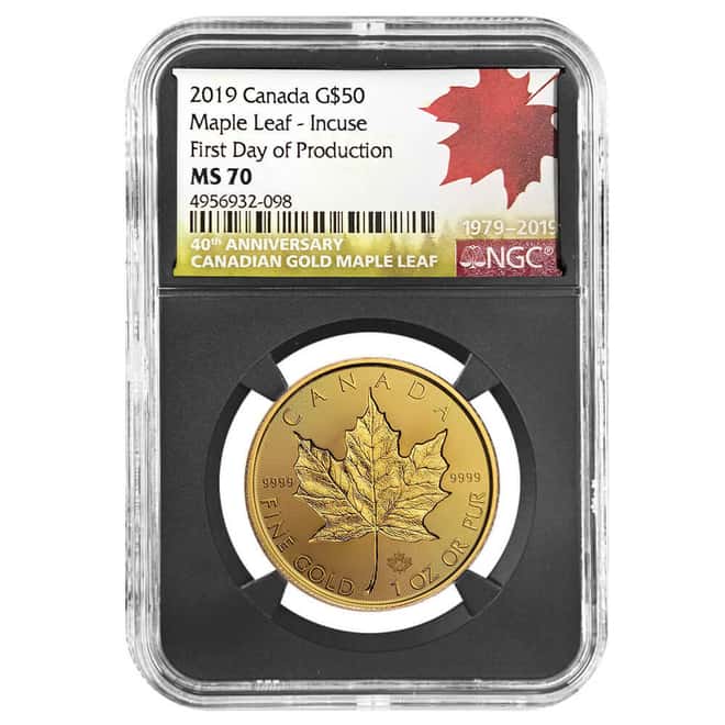 2019 1 oz Incuse Canadian Gold Maple Leaf $50 Coin NGC MS 70 First Day of Production