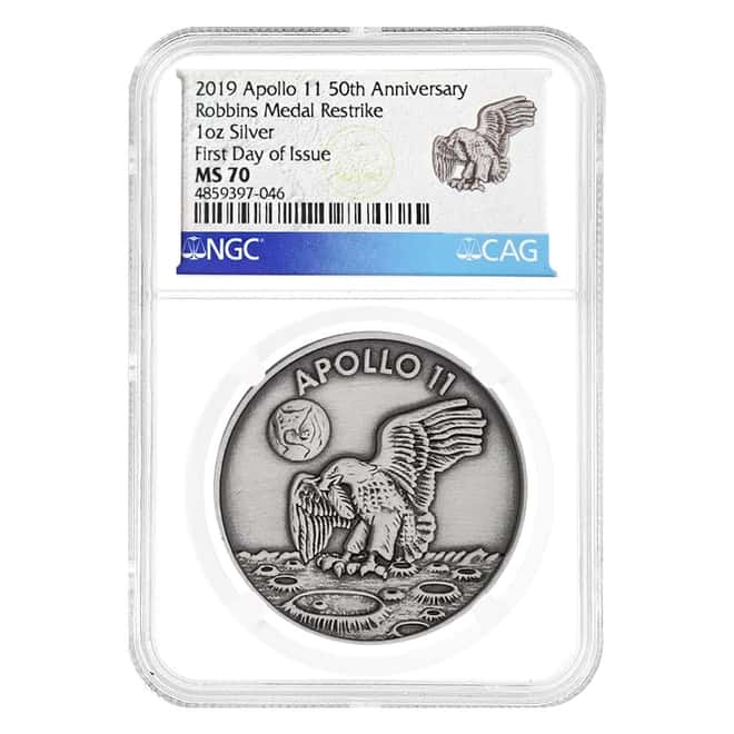 2019 1 oz Silver Apollo 11 Robbins Medal Restrike NGC MS 70 FD
