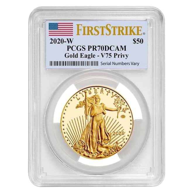 2020-W V75 Privy 1 oz Proof Gold American Eagle End of WWII 75th Anniv PCGS PF 70 FS