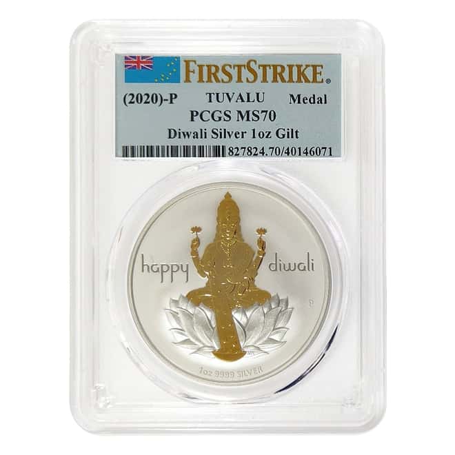 (2020) 1 oz Tuvalu Gilt Gilded Silver Diwali Medal PCGS MS 70 FS