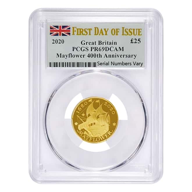 2020 Great Britain 1/4 oz Proof Gold Mayflower 400th Ann. PCGS PF 69 FDOI