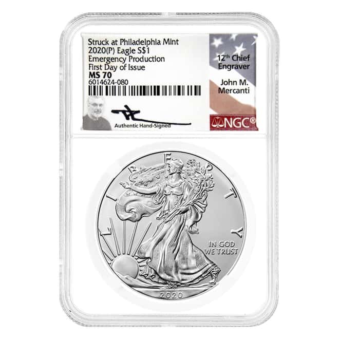 2020 (P) 1 oz Silver Eagle NGC MS 70 FD Mercanti Sign - Emergency Production