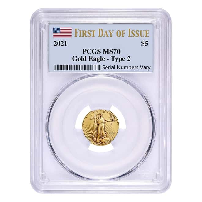 2021 1/10 oz Gold American Eagle Type 2 PCGS MS 70 FDOI
