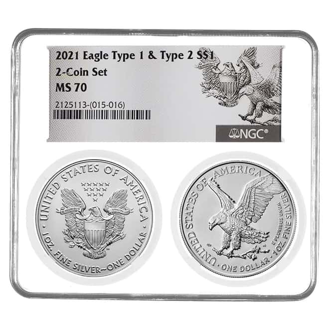 2021 2 oz Silver American Eagle Type 1 and Type 2 2-Coin Set NGC MS 70