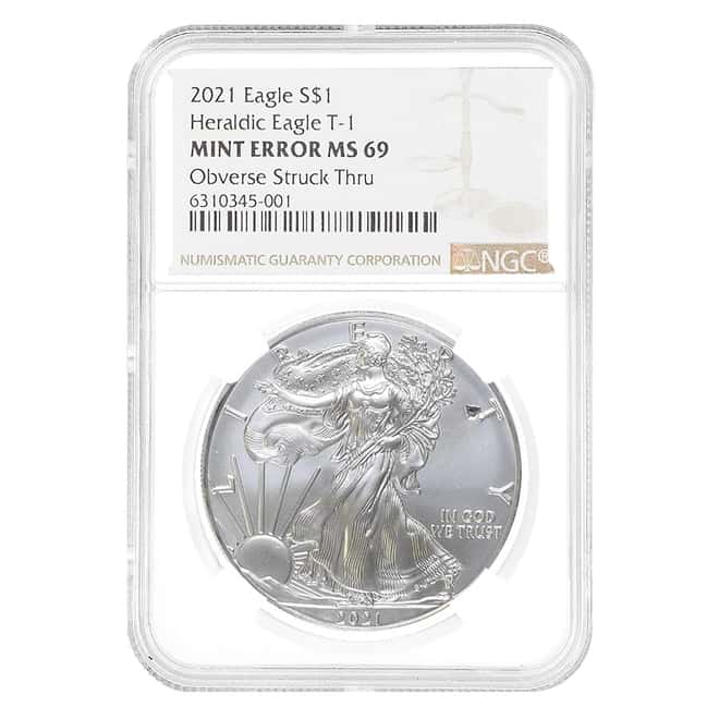 2021 1 oz Silver American Eagle Type 1 NGC MS 69 Mint Error (Obv Struck Thru)