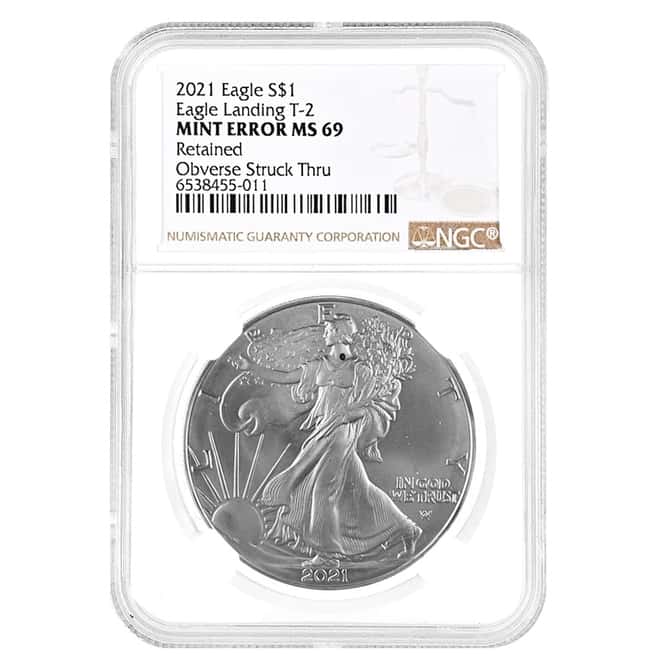 2021 1 oz Silver American Eagle Type 2 NGC MS 69 Mint Error (Retained, Obv Struck Thru)