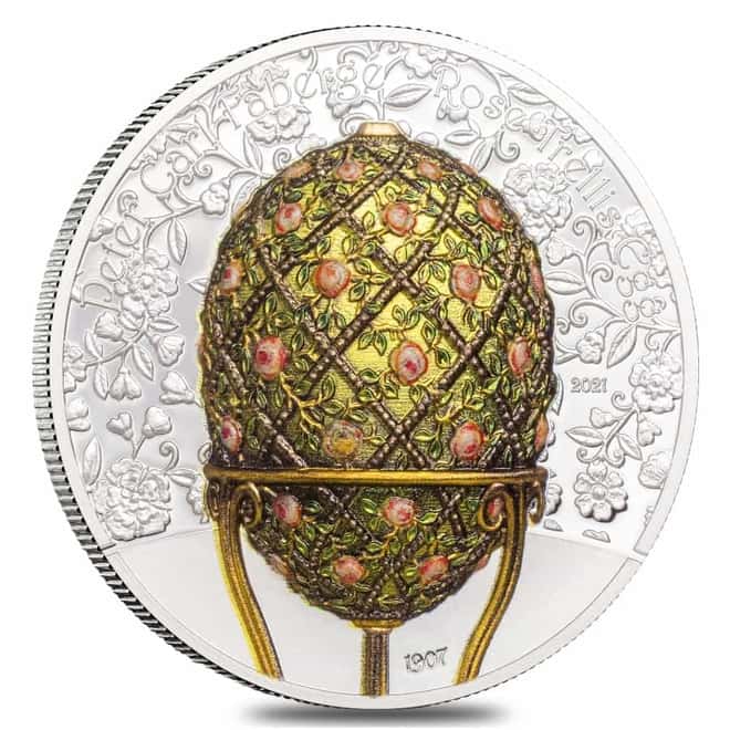 2021 2 oz Silver Faberge Rose Trellis Egg Mongolia Coin .999 Fine (w/Box & COA)