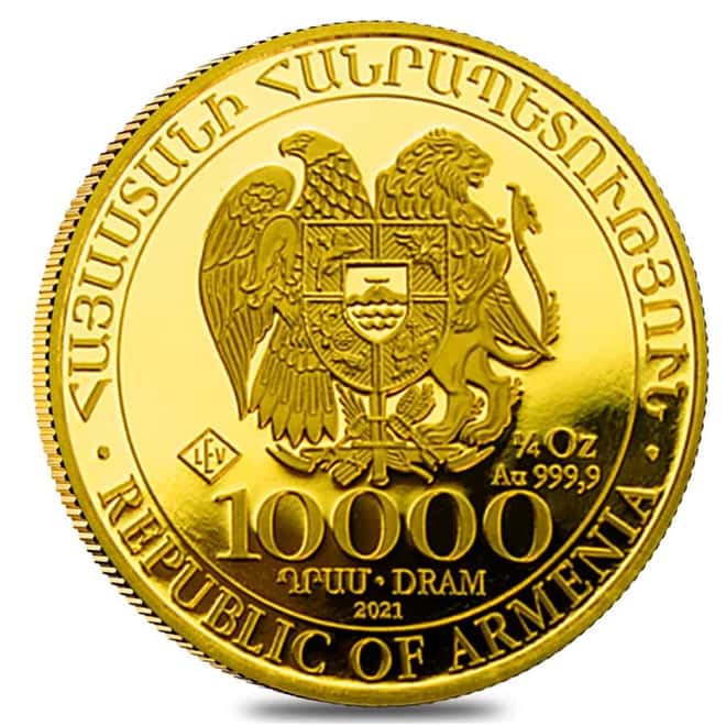 2021 Armenia 1/4 oz Gold Noah's Ark 10,000 Dram Coin BU (In Assay)