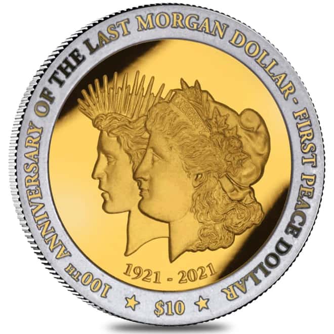 2021 BVI 1 oz Gilded Silver 100th Ann. Last Morgan & First Peace Dollar Coin