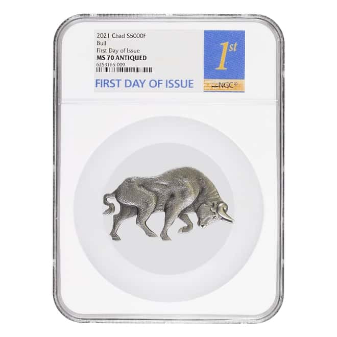 2021 Chad 1 oz Silver Bull Shaped Coin Serial #3 NGC MS 70 FDOI Antiqued High Relief