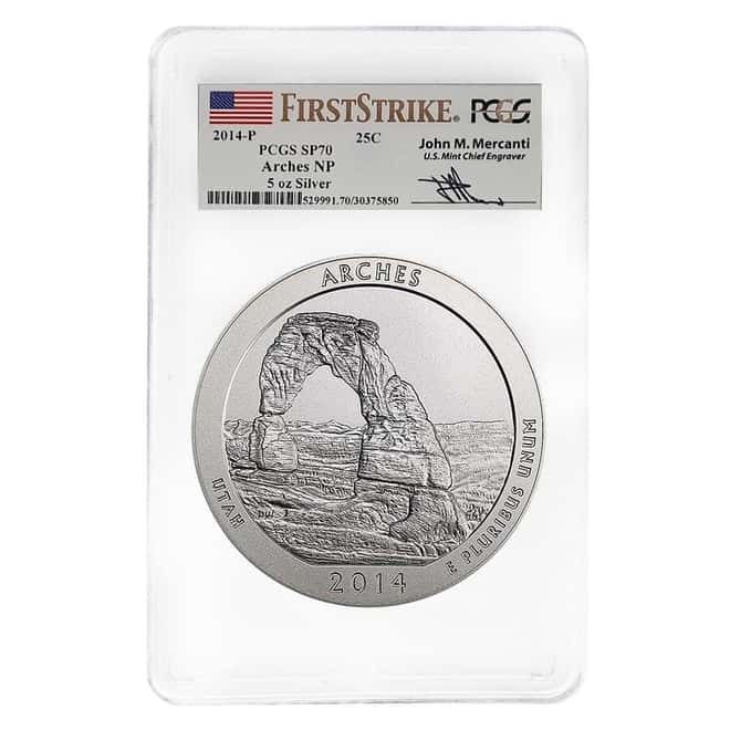 2014-P 5 oz Silver ATB Arches National Park Utah PCGS SP 70 FS (Mercanti)