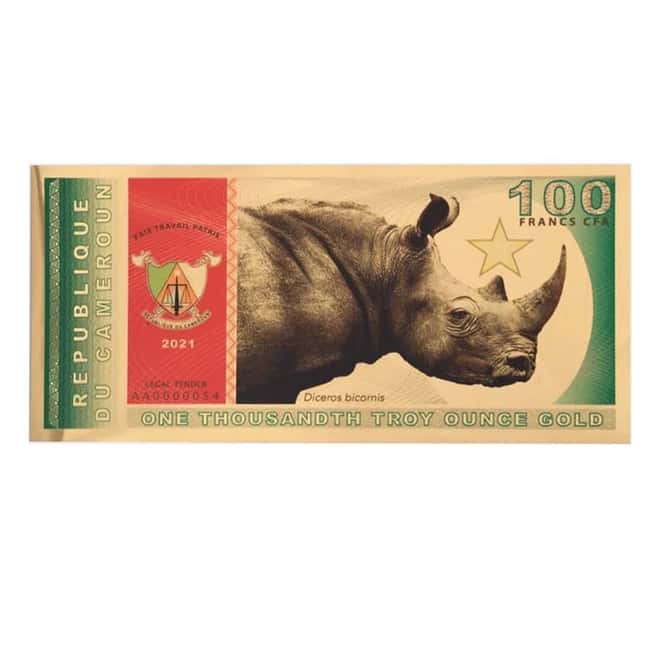 2021 Republic of Cameroon 1/1000 oz 24K Gold Black Rhinoceros 100 Francs Aurum Note (w/COA)