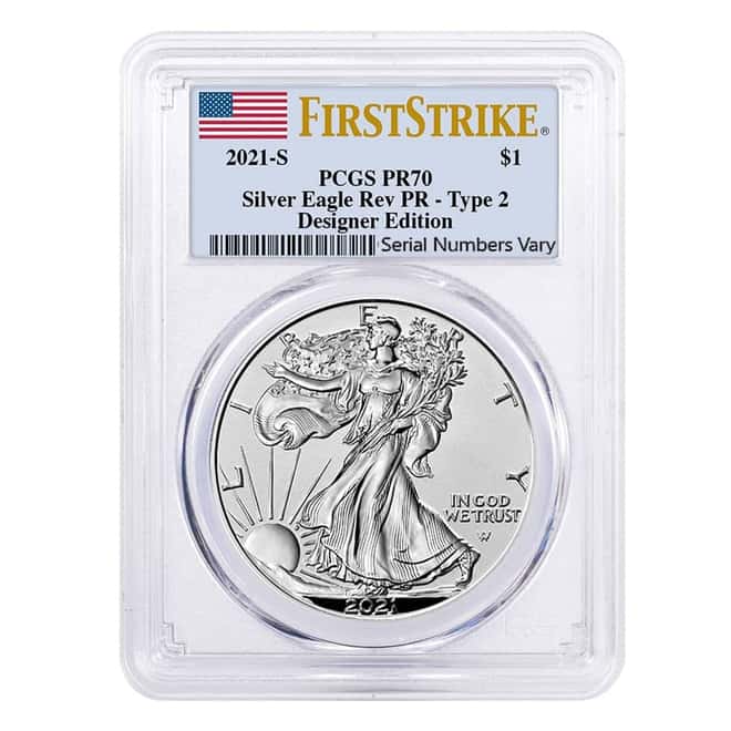 2021-S 1 oz Rev Proof Silver American Eagle Type 2 PCGS PF 70 FS Designer Edition